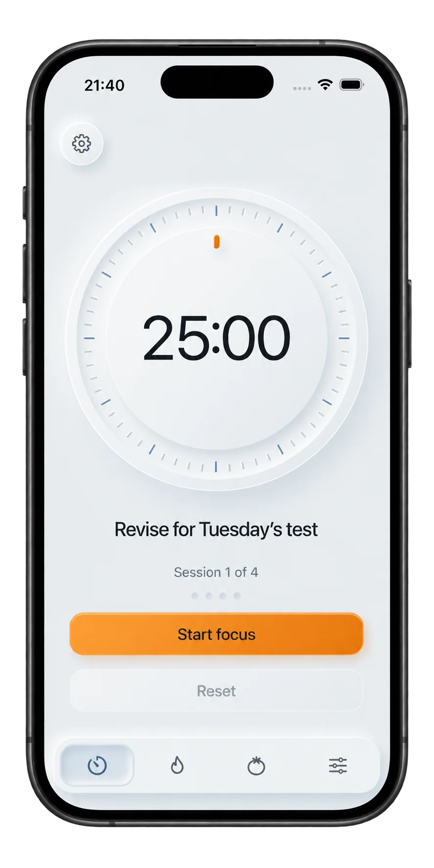 Quiet Pomodoro iPhone app showing a 25-minute focus timer, a study task, and session progress.