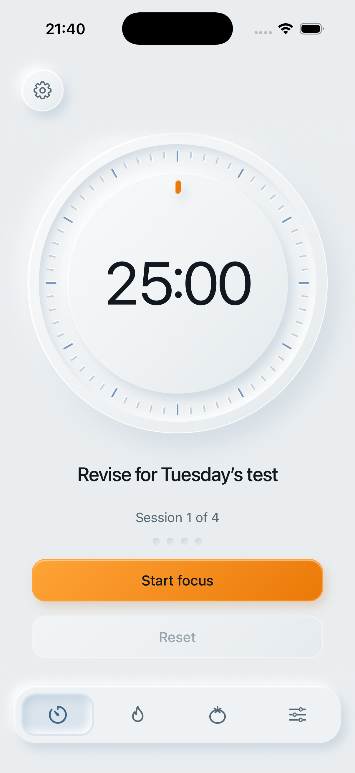 Quiet Pomodoro focus timer in light mode, set to 25 minutes with the task Revise for Tuesday’s test.