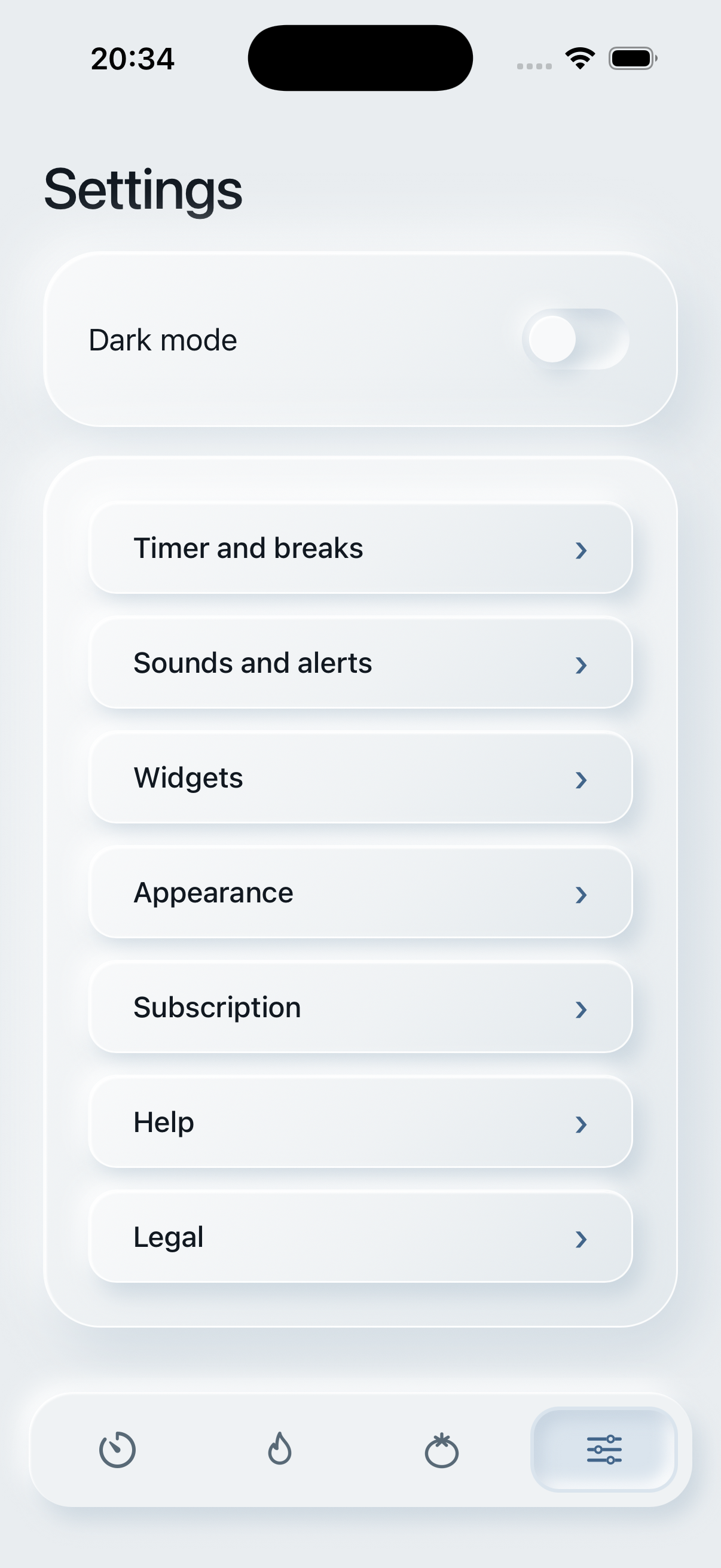 Quiet Pomodoro settings in light mode.