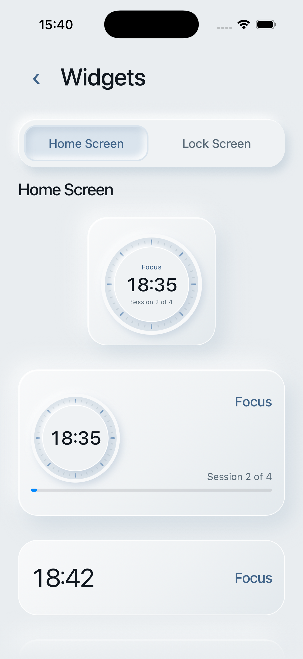 Quiet Pomodoro Home Screen widget gallery in light mode.