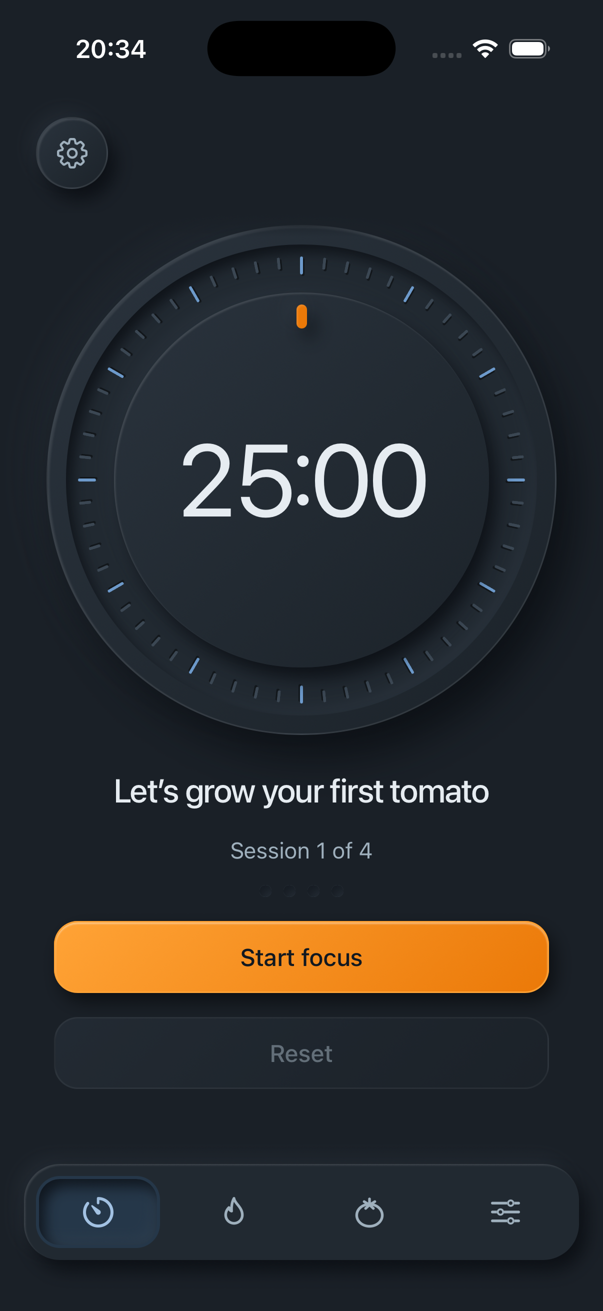 Quiet Pomodoro 25-minute focus timer in dark mode.