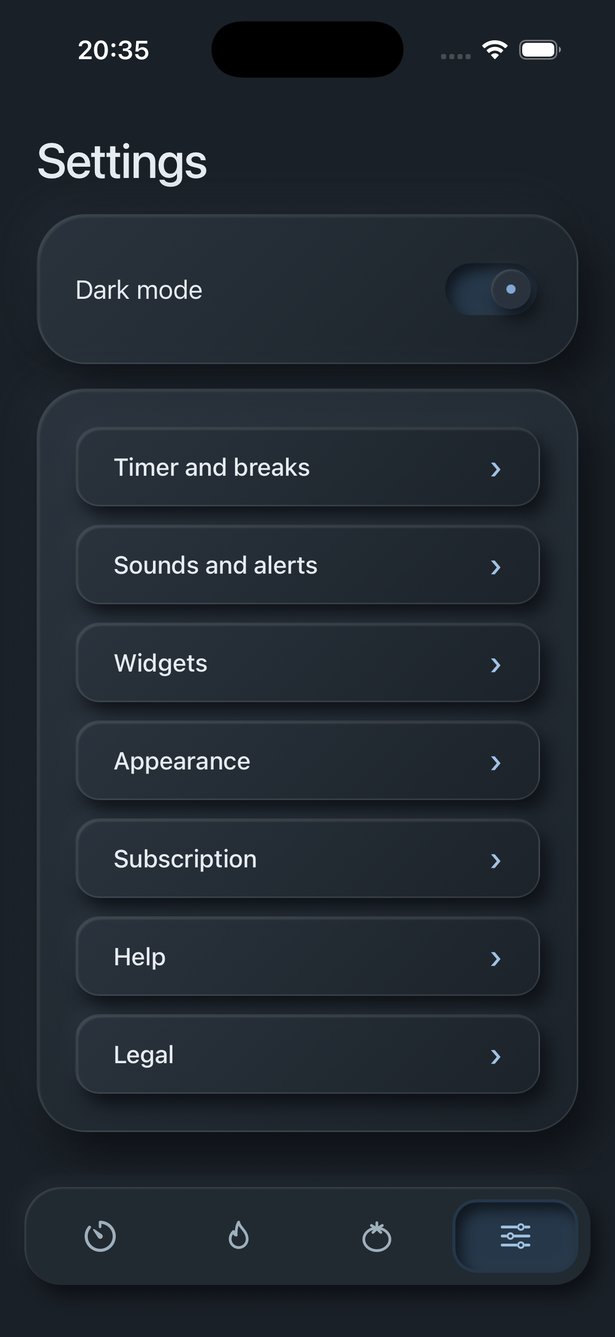 Quiet Pomodoro settings in dark mode.
